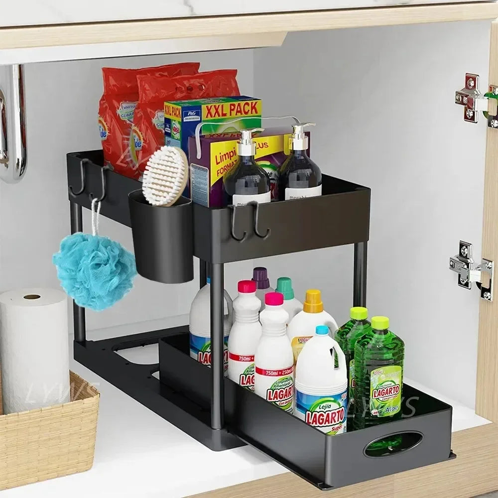 Two Tier Under Sink Sliding Cabinet Organizer Rack With Hooks