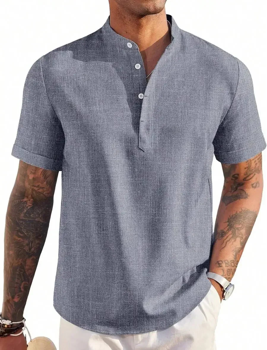 Mens Linen Henley Shirt Short Sleeve Casual Summer Beach Top