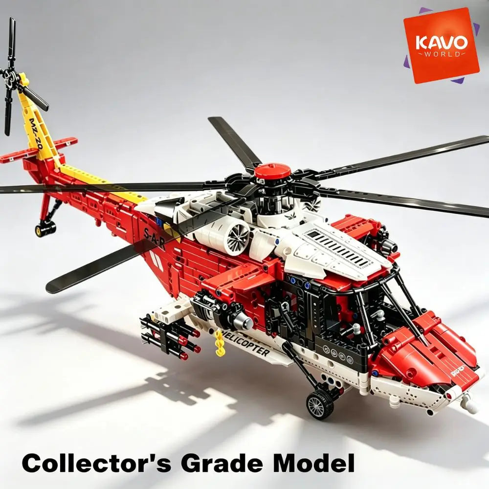 KAVOWORLD 1528pcs Large SAR Rescue Helicopter Building Blocks Red Armed Military Aircraft Model Kit Search and Rescue Chopper Construction Toy Manual Rotating Rotor Winch Hook, Emergency Air Ambulance Bricks for Adult Home Di