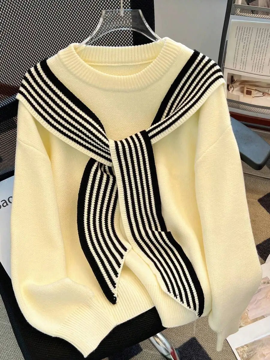 Womens Red Loose Knit Sweater With Striped Scarf Collar Casual Long Sleeve Crew Neck Autumn Winter