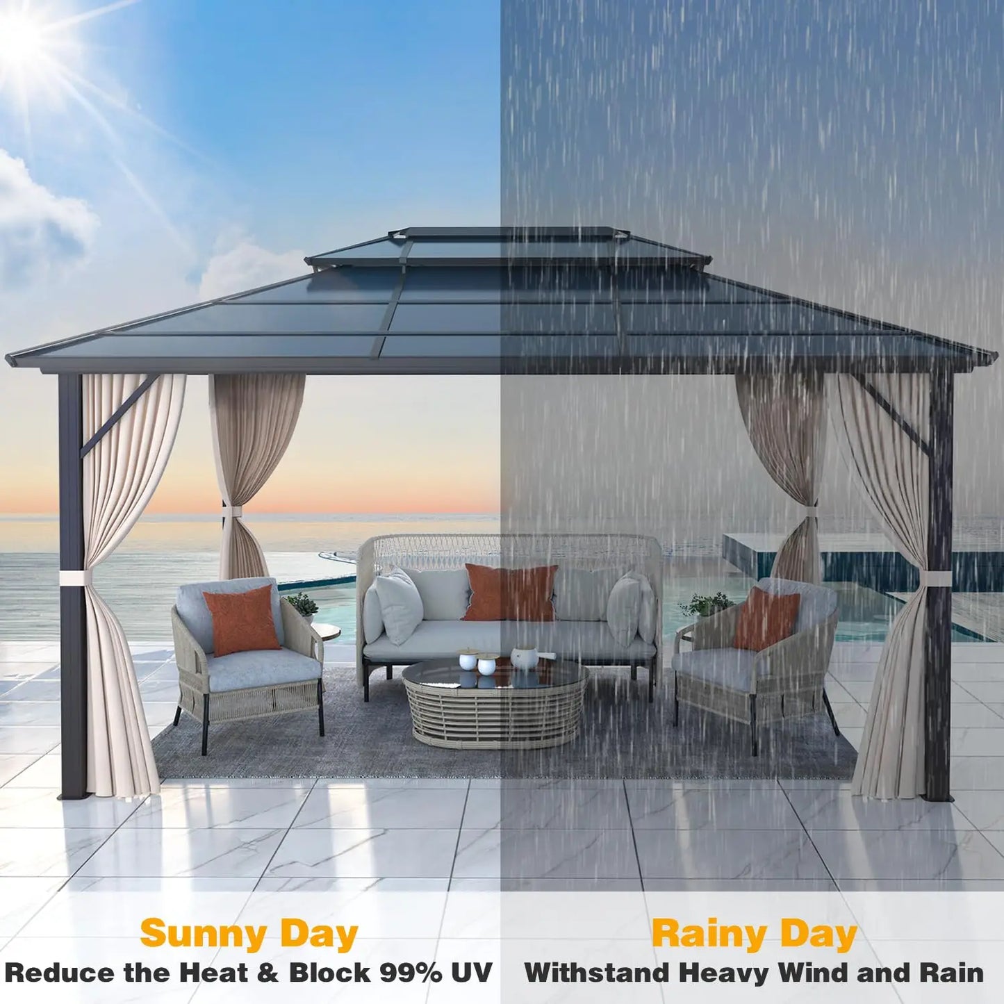 10x13 Hardtop Gazebo Polycarbonate Double Roof Aluminum Frame Curtains Netting Patio Lawn Garden, Custom