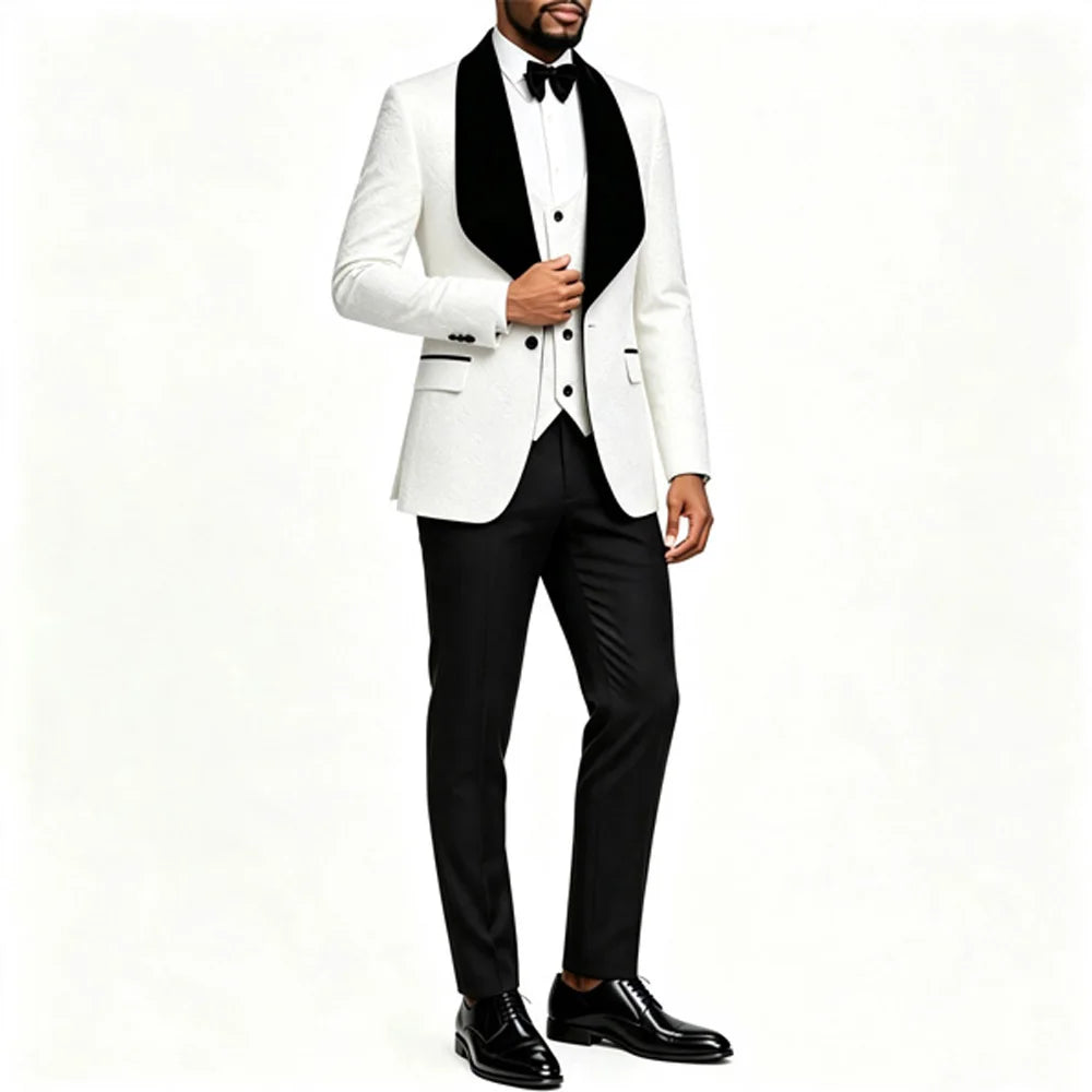 Slim Fit Men 3Pcs Jacquard Tuxedo Suit, Shawl Lapel Blazer+Vest+Pants, Formal Wedding Groom Suit, Multi Color White Red Khaki Violet Black