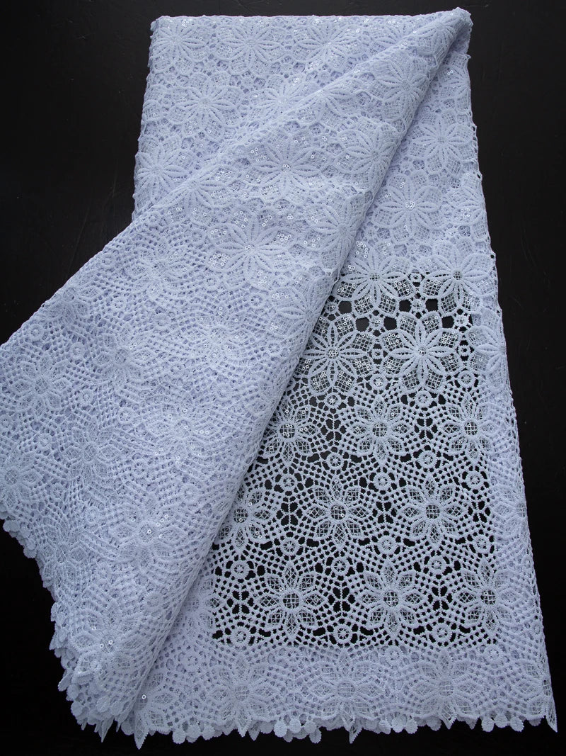Pure White Nigerian Guipure Lace Fabric Water Soluble African Sequin Cord