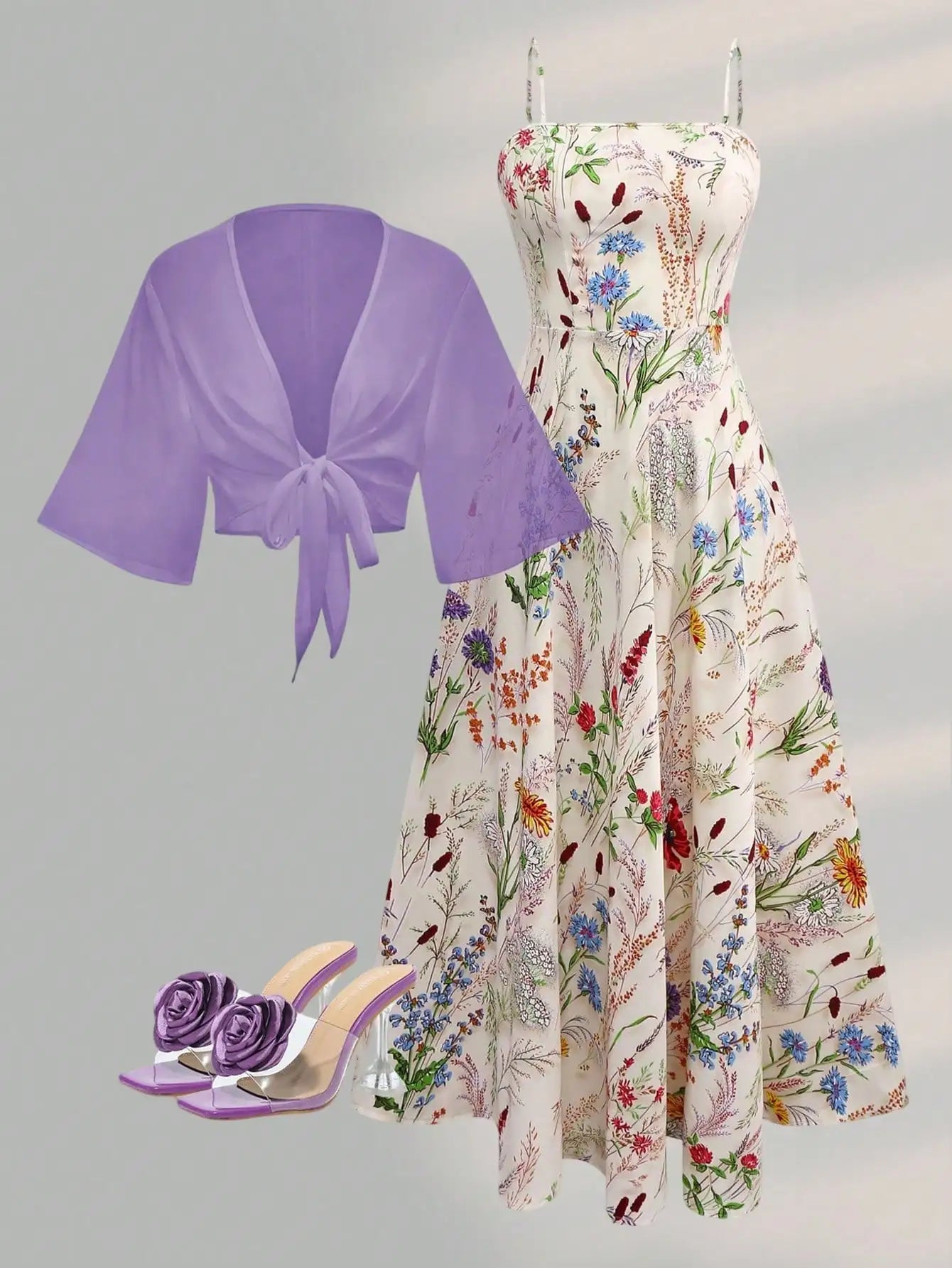 2 Pieces Women's Floral Chiffon Dress Elegant Romantic Date Outfit Spring Summer