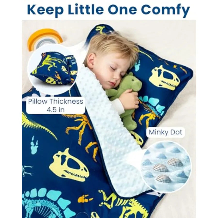 Toddler Nap Mat with Pillow and Minky Blanket Large 55"x38" Sleeping Bag Washable Lightweight Easy to Roll Perfect for Preschoo