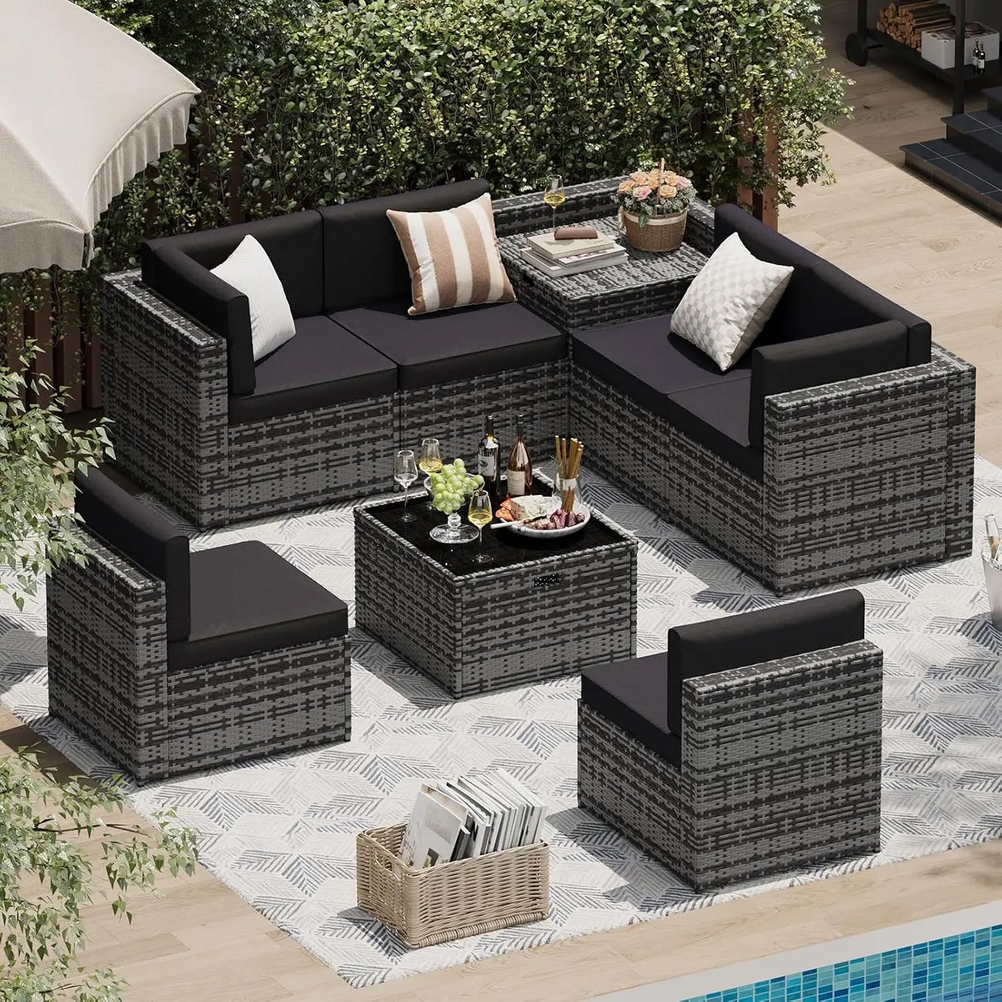 8 Piece Patio Furniture Set, Wicker Outdoor Furniture with Large Storage Table, Patio Conversation Sets with Waterproof, Custom