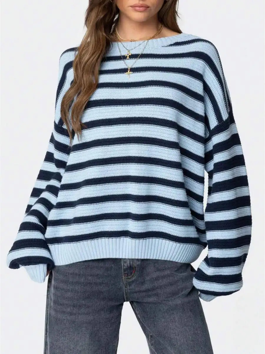 Oversized Striped Knit Sweater Long Sleeve Crew Neck Pullover Casual Vintage Preppy Style