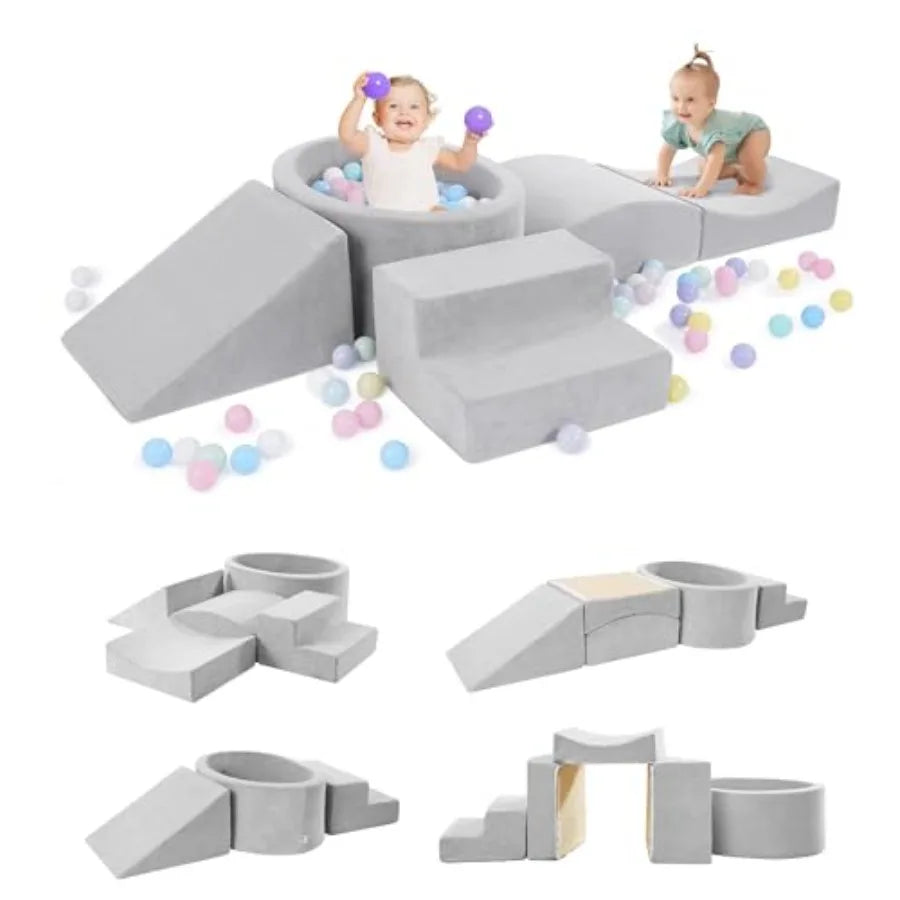 Foam Climbing Blocks with Ball Pit for Toddlers 1-3 Years - Indoor Crawling Active Play Set - Grey