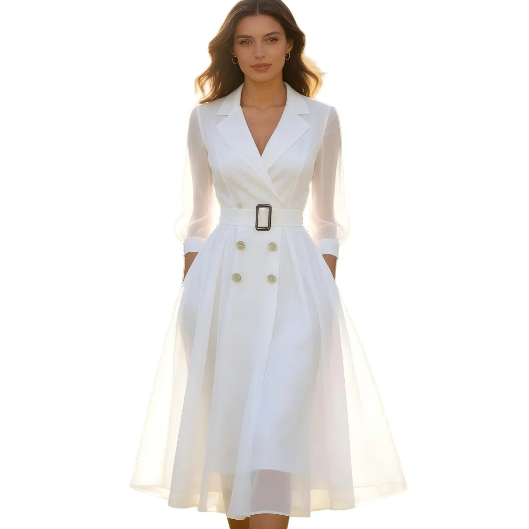 Elegant Style Women Summer Lapel Sheer Sleeve Double Breasted Belted Swing Midi Dress