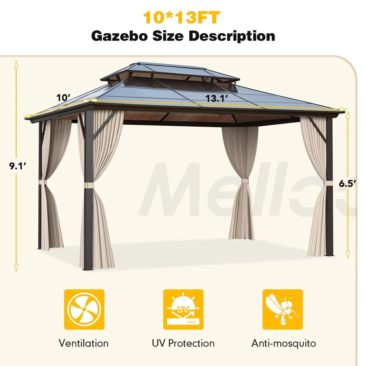 10x13 Hardtop Gazebo Polycarbonate Double Roof Aluminum Frame Curtains Netting Patio Lawn Garden, Custom