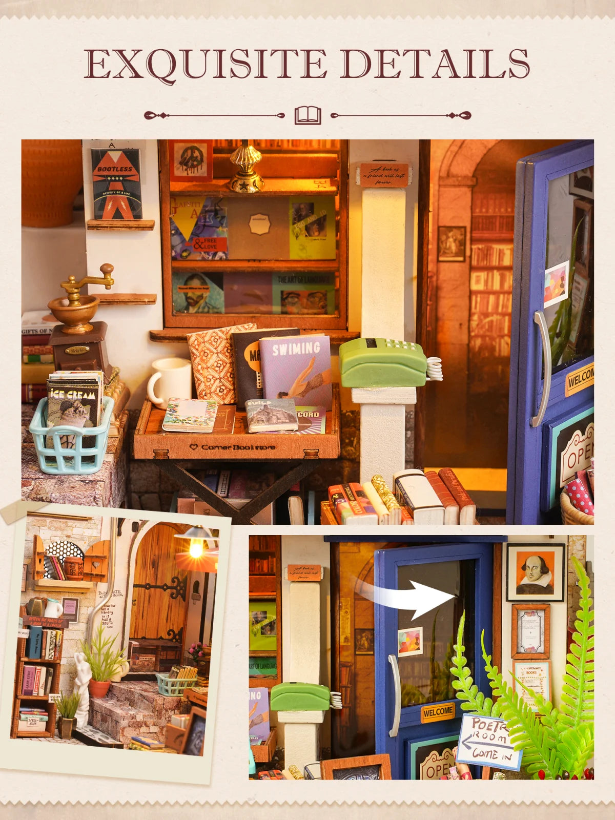 Rolife Wooden Dollhouse 3D Puzzle Toys Corner Bookstore DIY Miniature House Model Building Kit with LED Light for Home Decor Birthday Gift for Adults Friends