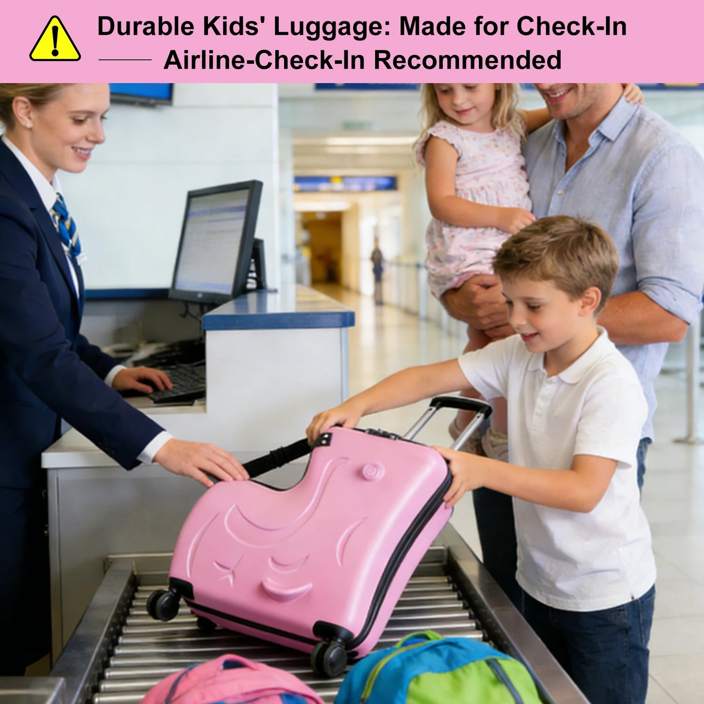 22Inch Kids Ride-On Luggage, 55.8x50x25cm Carry-On Suitcase with Upgraded Matte Finish, Children‘S Travel Suitcase with Adjustable Safety Belt & Silent 360-Degree Spinner Wheels, Toddler Ride-On Trolley for Airplane Travel