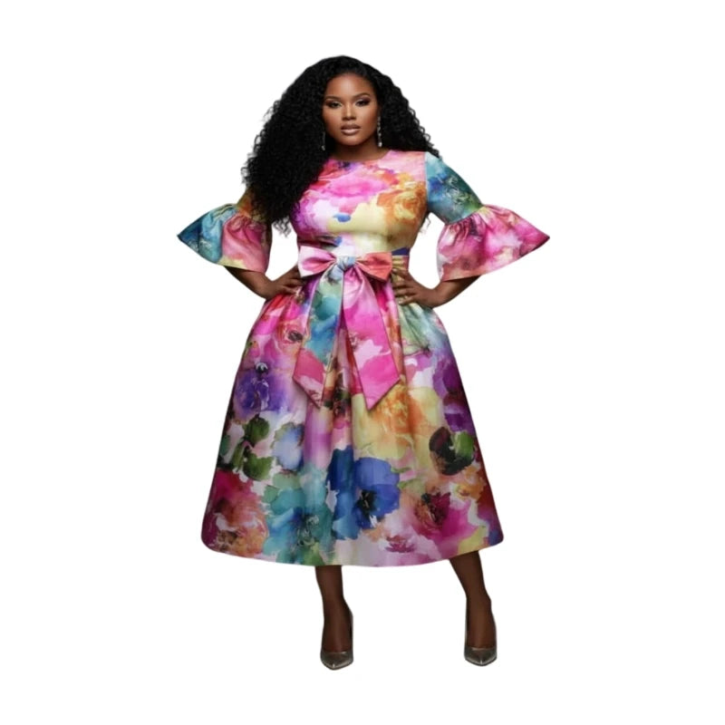 Plus Size Round Neck Flare Sleeve Bow Waist Midi Dress For Women Formal Party Banquet Wedding Guest A Line Swing Dress