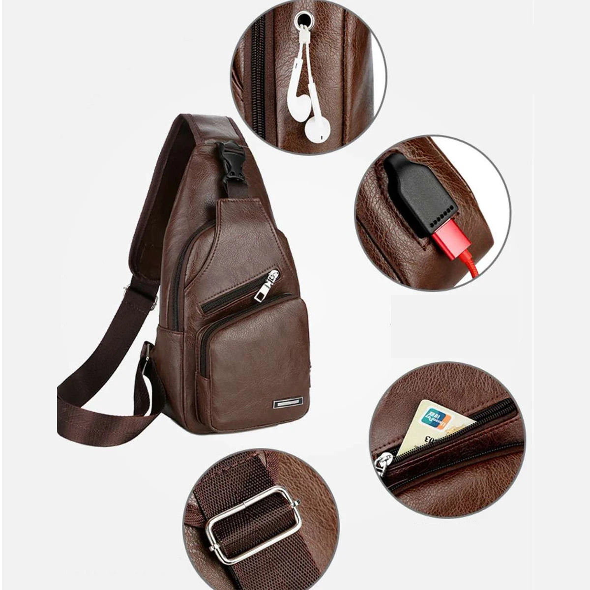 Mens Multifunctional USB Charging Crossbody Chest Bag in Microfiber Leather