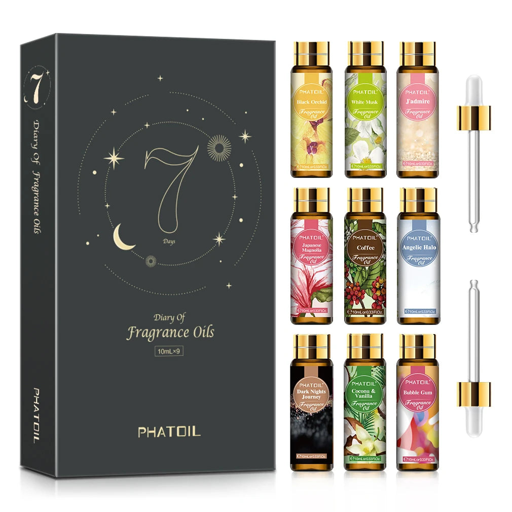 PHATOIL 9pcs Fragrance Oils Gift Set-10ml Coconut & Vanilla Bubble Gum Japanese Magnolia Coffee Aroma Oils For Diffuser Soap Candle Making