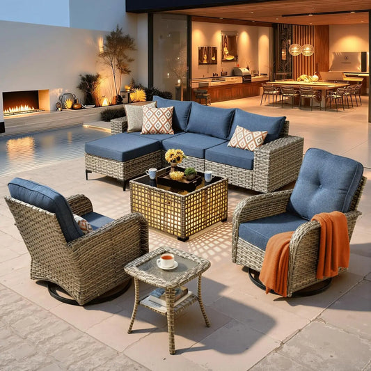 8-Piece Patio Furniture Set with L-Shape Sofa Chaise, Outdoor Sectional Couch Swivel Gliders Solar Table, Modern, Customized