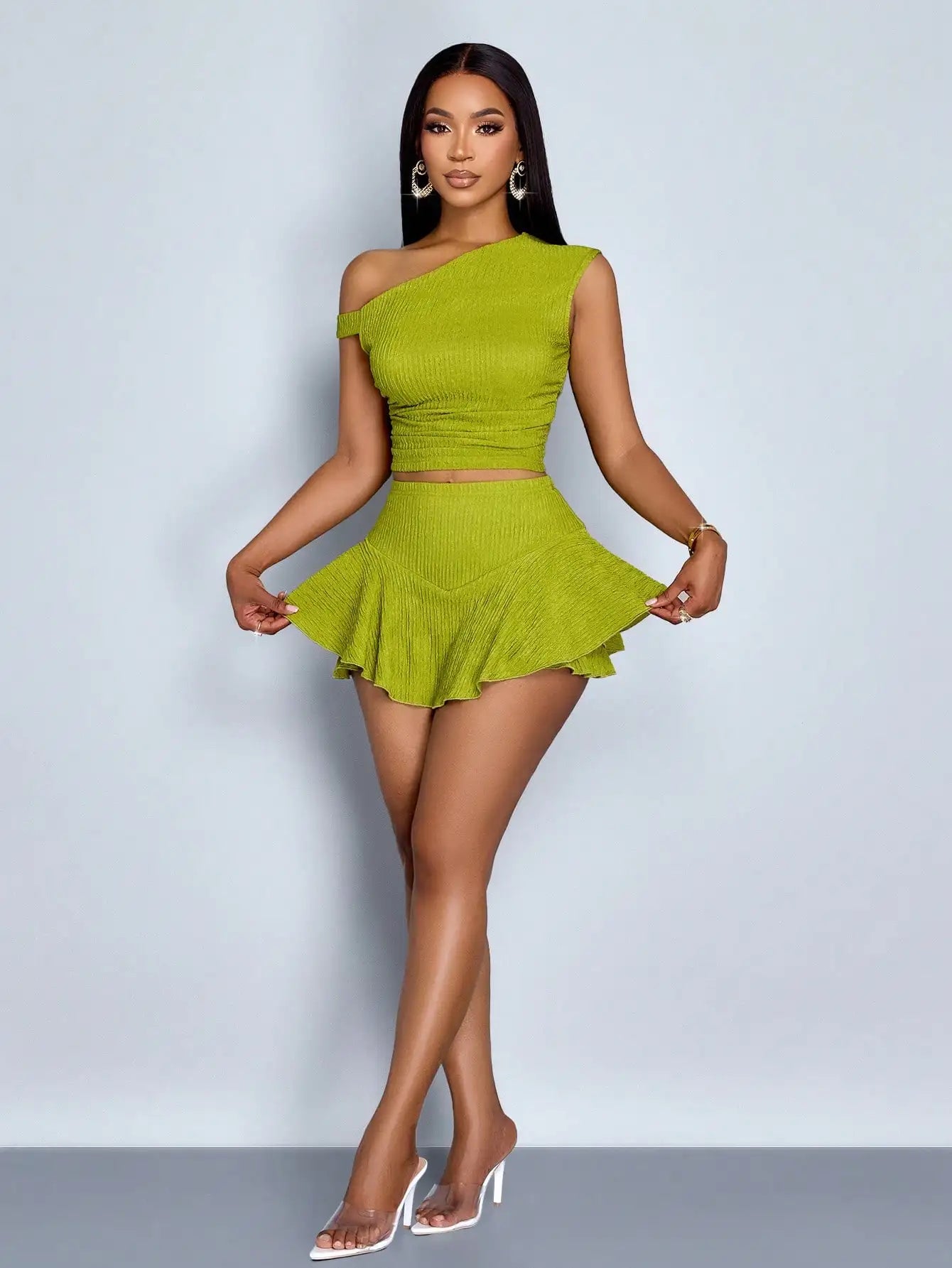 Women Off-Shoulder Crop Top And Ruffled Skirt Two Piece Set Green Casual Party Outfit