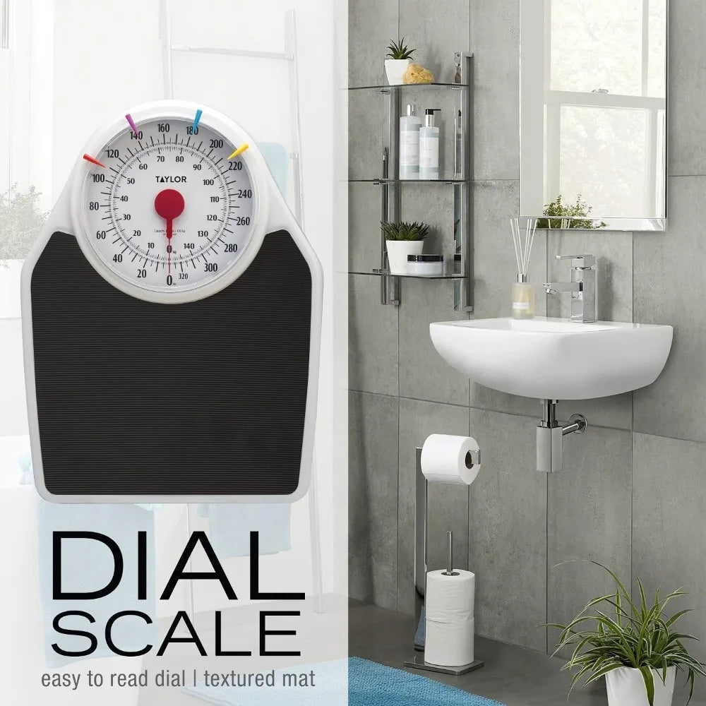 Taylor Battery Free Analog Scales for Body Weight, 330LB Capacity, Easy to Read Large 7-inch Dial, 18.4 x 13.7-inch Ribbed Mat