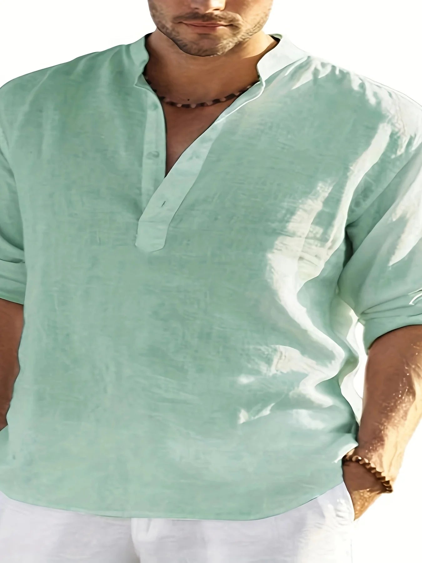 Men's Linen Cotton Long Sleeve Stand Collar Casual Shirt