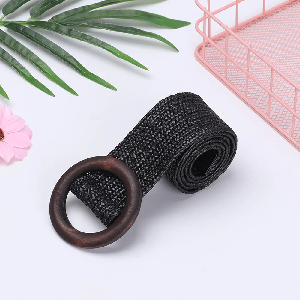 Women Straw Belt With Wooden Buckle And Elastic Waist Chain