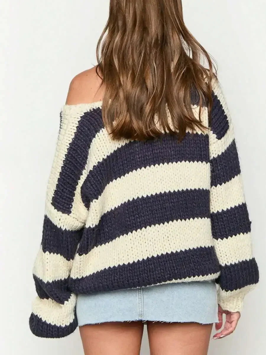 Womens Striped Knit Sweater Drop Shoulder Long Sleeve Loose Fit O-Neck Top