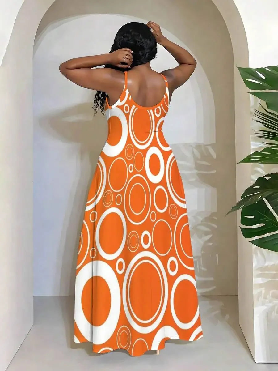 Women Sleeveless V Neck Maxi Dress Circle Print Beach