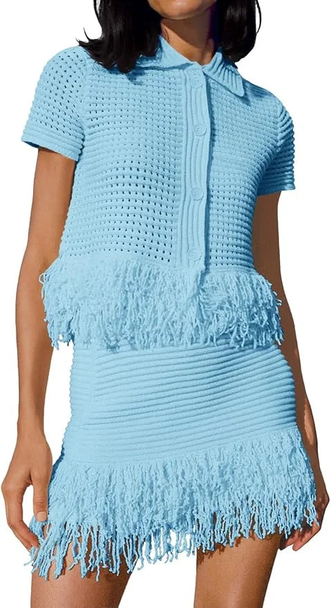 Fisoew Womens 2 Piece Crochet Outfits Short Sleeve Button Knit Sweater Tops Fringe Skirt Summer Vacation Sets Beach Cover Ups