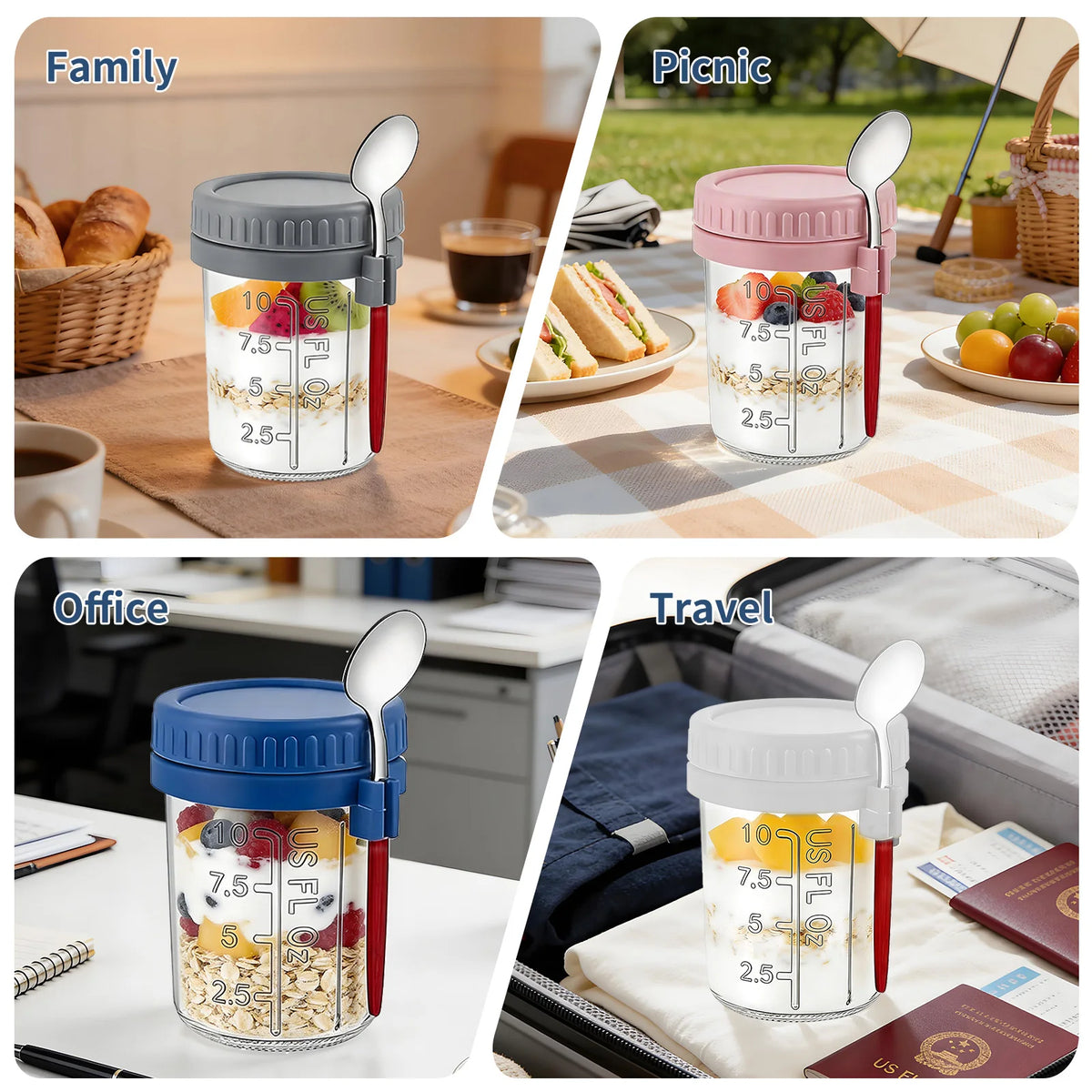 16oz Overnight Oats Jars with Lid and Spoon, Leak Proof Glass Breakfast Cup with Measurement, Portable Yogurt Cereal Container for Travel Office