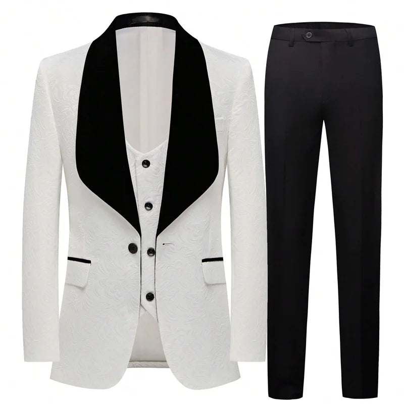 Slim Fit Men 3Pcs Jacquard Tuxedo Suit, Shawl Lapel Blazer+Vest+Pants, Formal Wedding Groom Suit, Multi Color White Red Khaki Violet Black
