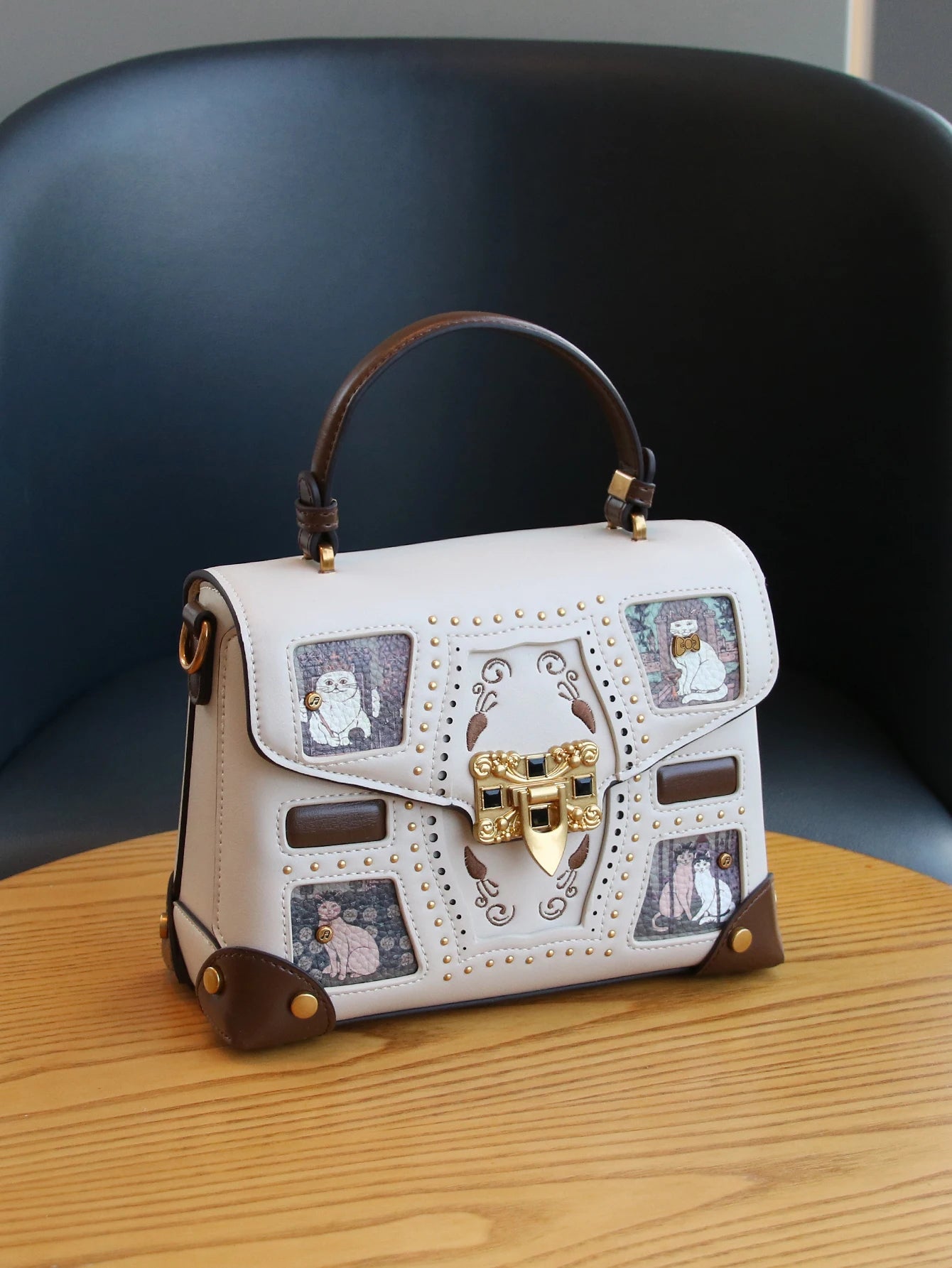 Niche Design Box Bag with Cat Pattern Rivet Texture