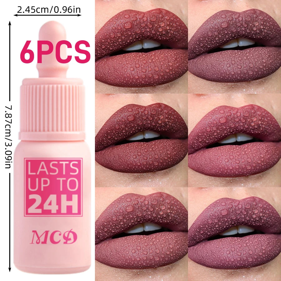 6pcs Matte Velvet Lip Gloss Waterproof Liquid Lipstick Nude Red Rose Lips Tint Makeup Lip Glaze Cosmetics Red Lip Stain Beauty for Women Gifts