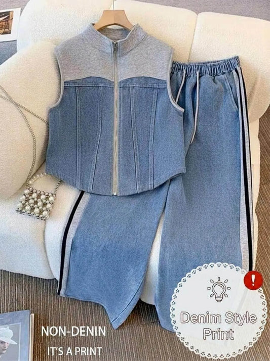 Women's Sleeveless Zip Vest And Wide Leg Pants Set