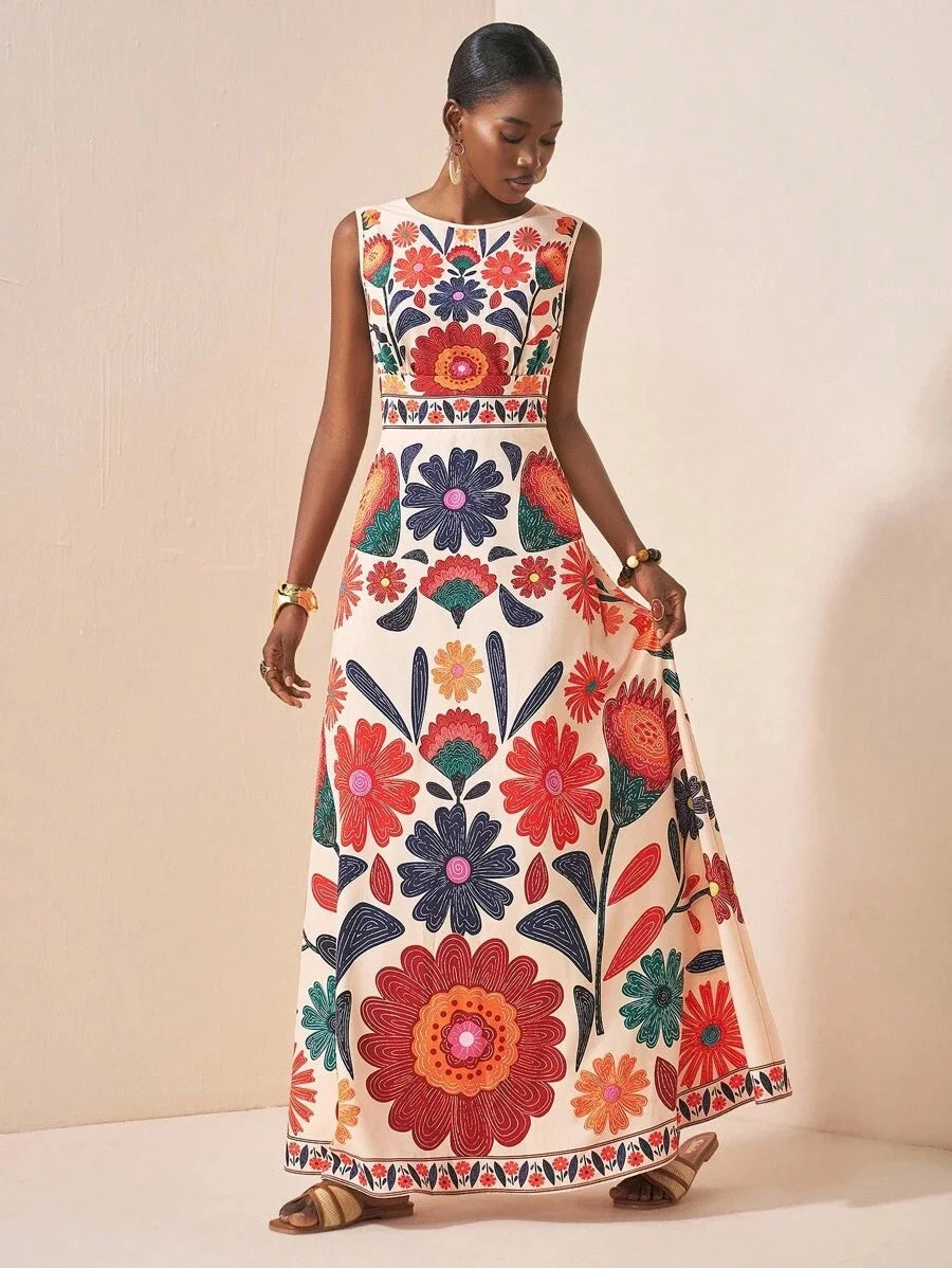 Women Floral Embroidery Sleeveless Maxi Dress Summer Wedding Guest Wear