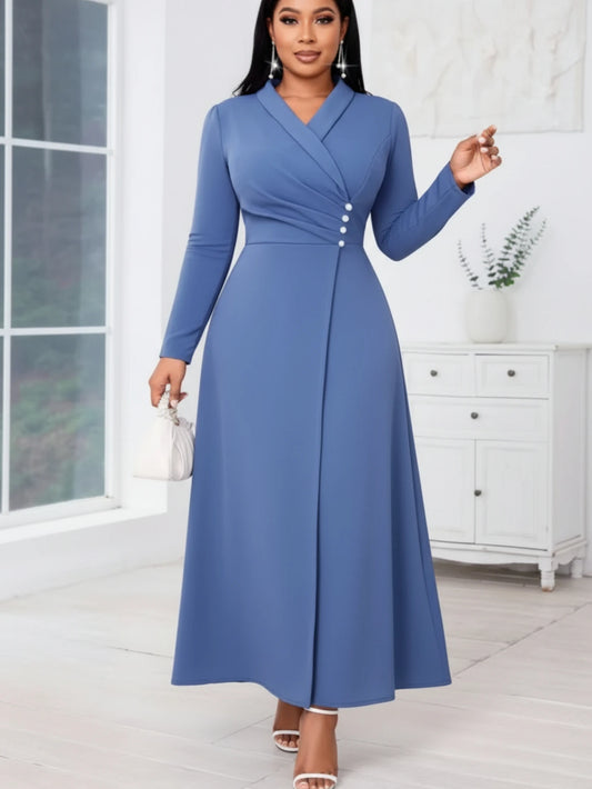 Women's Lapel Long Sleeve Ruched Button Formal Midi Dress