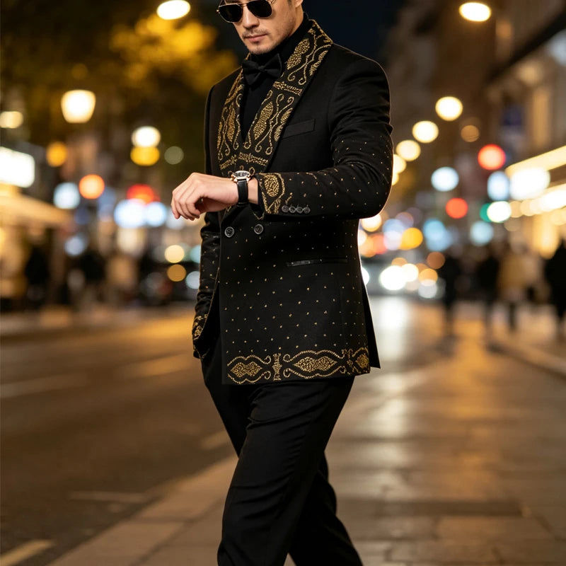 Men's 2‑Piece Tailored Paisley Rhinestone Tuxedo Suit Set‑ Slim Fit Shawl Lapel Long‑Sleeve Suit Jacket & Pants, Formal Outfit for Weddings & Parties