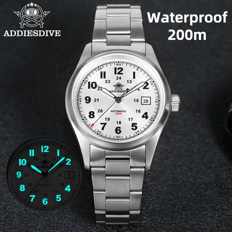 Addiesdive Automatic Watch Mens 200m Luminous Sapphire Glass