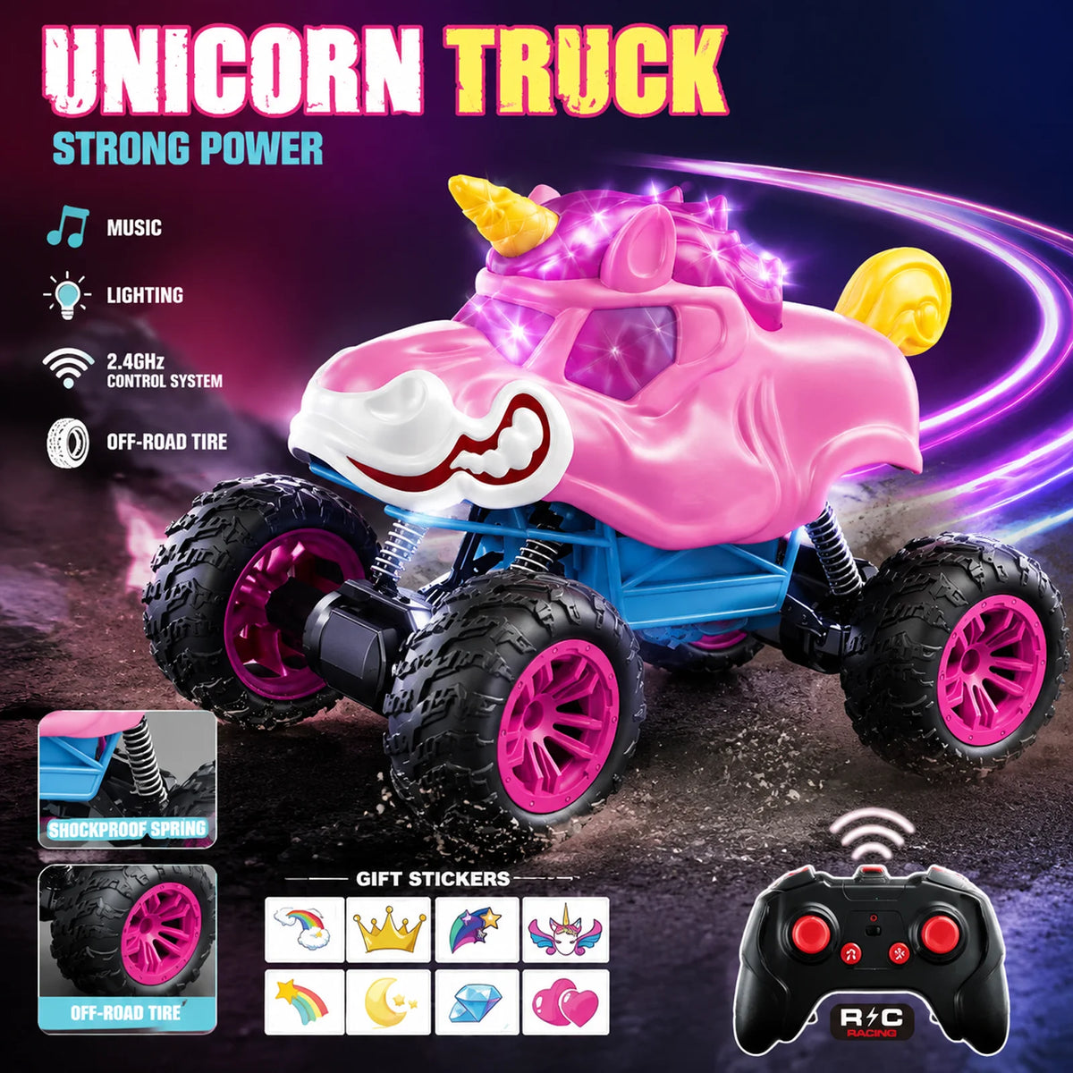 Unicorn RC Monster Truck 2.4GHz Remote Control Stunt Car with LED Lights Music 360° Rotation Off Road Vehicle Kids Birthday Gift