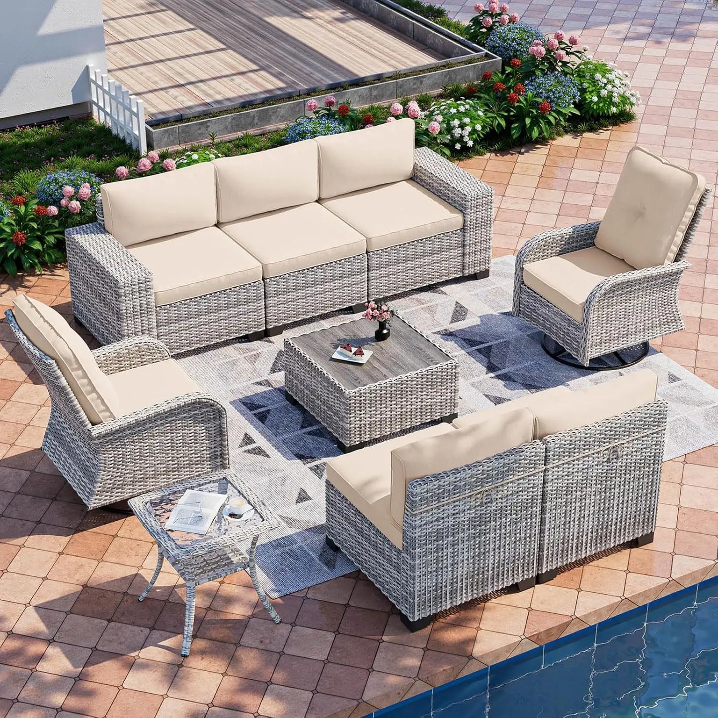9-Piece Outdoor Patio Furniture Set with Rocking Swivel Chair Wicker Sectional Sofa Set, Patio Conversation Set with, Custom