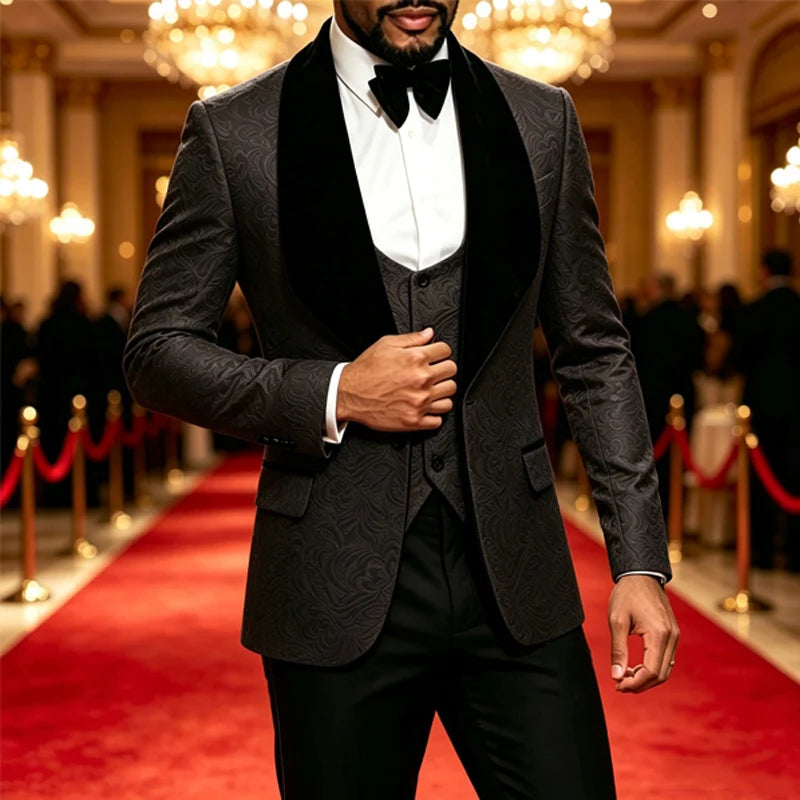 Slim Fit Men 3Pcs Jacquard Tuxedo Suit, Shawl Lapel Blazer+Vest+Pants, Formal Wedding Groom Suit, Multi Color White Red Khaki Violet Black