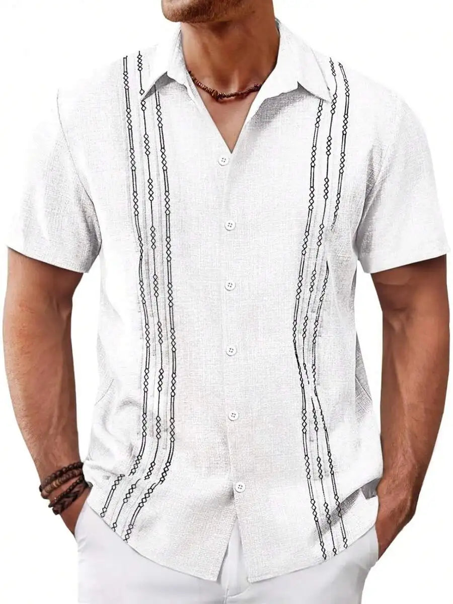 Mens Short Sleeve Button Up Shirt Casual Embroidered Linen Blend Summer Beach Wedding