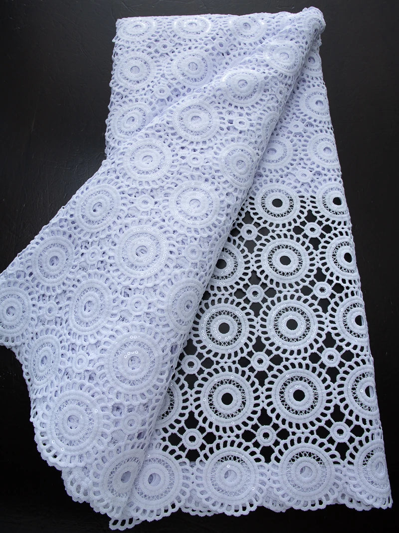 Pure White Nigerian Guipure Lace Fabric Water Soluble African Sequin Cord