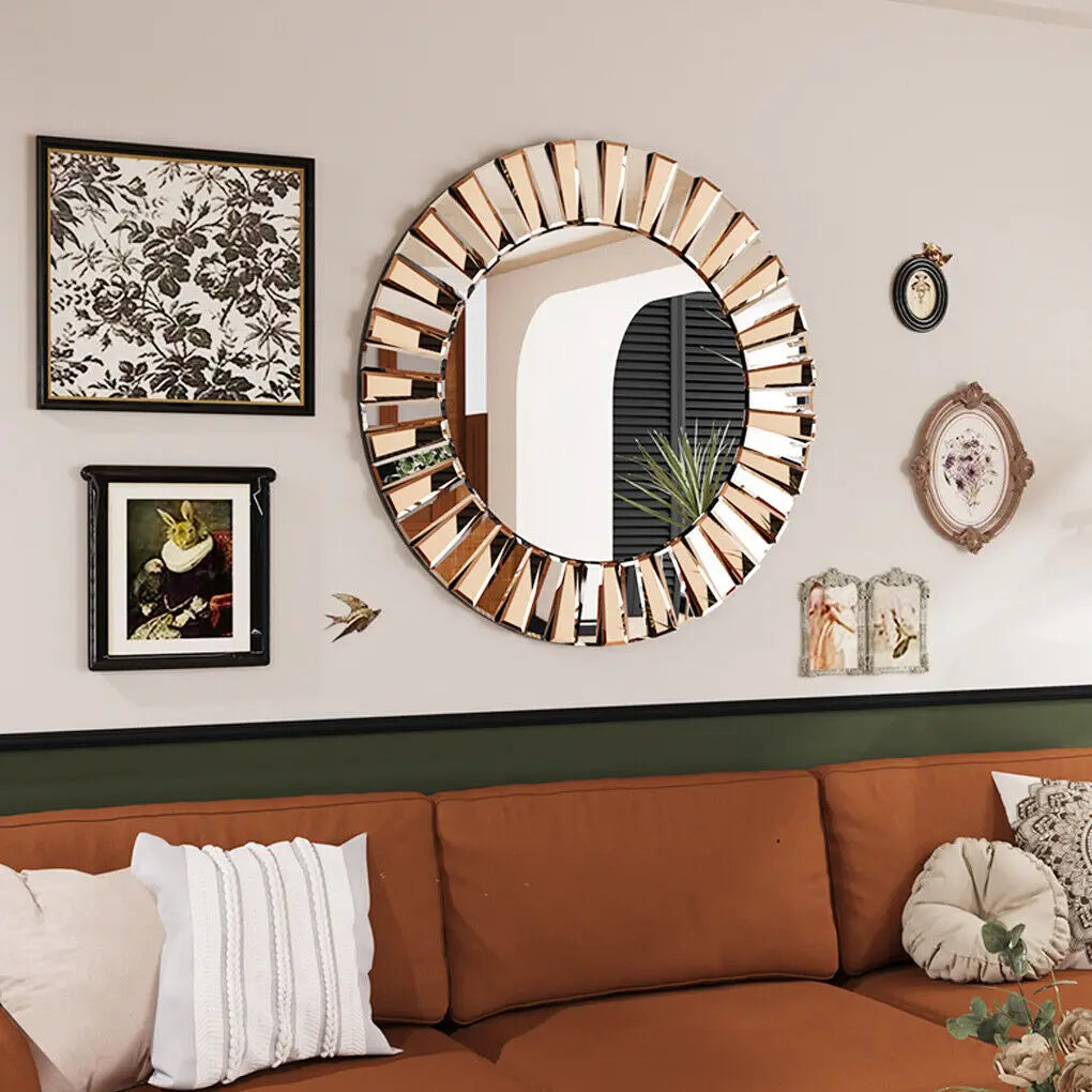 LUVODI Modern Round Sunburst Mirror Wall Art with Beveled Glass Edge for Living Room Bedroom Foyer Decor