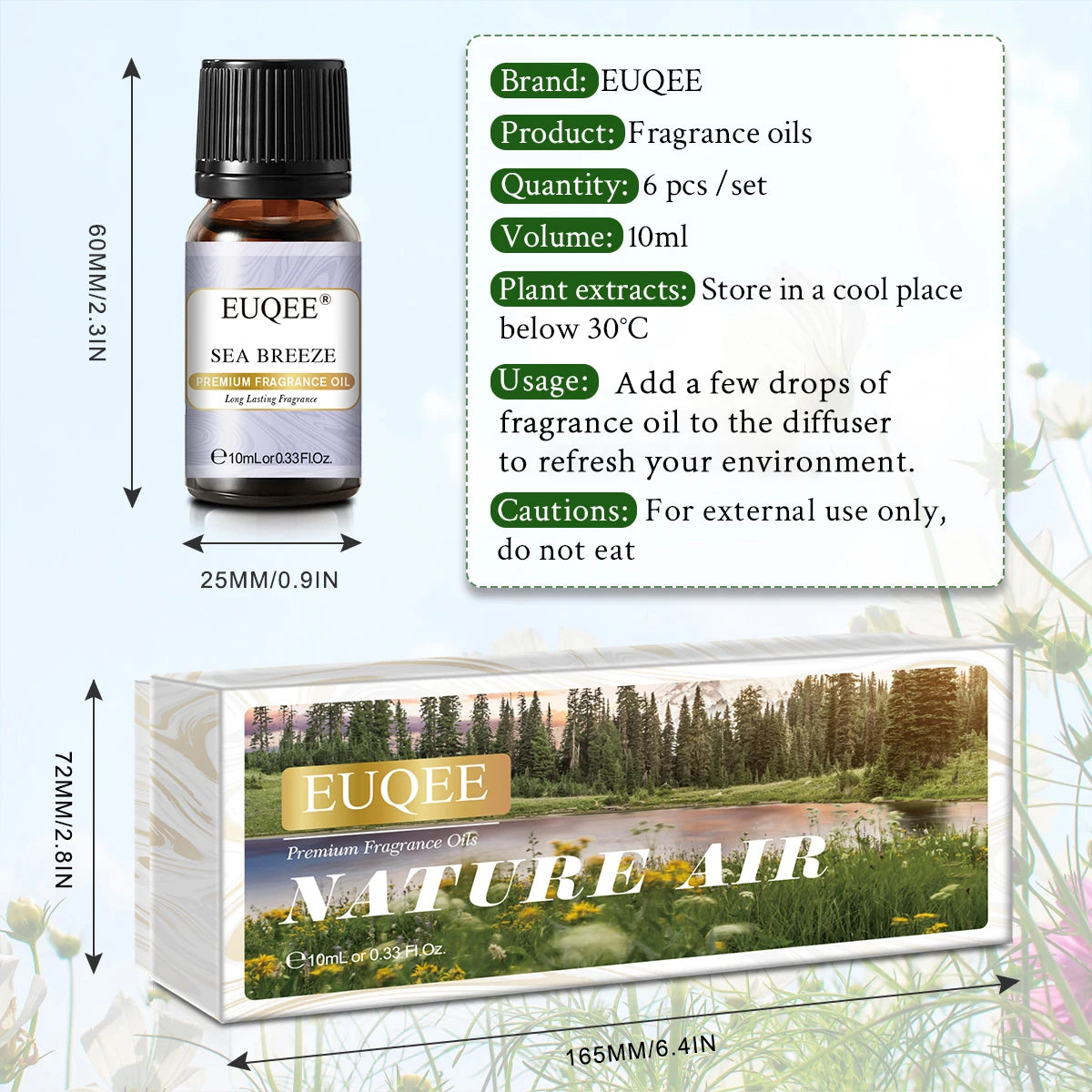 EUQEE 6 Bottle Fragrance Oils Gift Set For Soap Candle Making -10ml Freesia,Sea Breeze,Sandalwood,Cedarwood,Bamboo & Teak,Forest Pine Aroma Oil