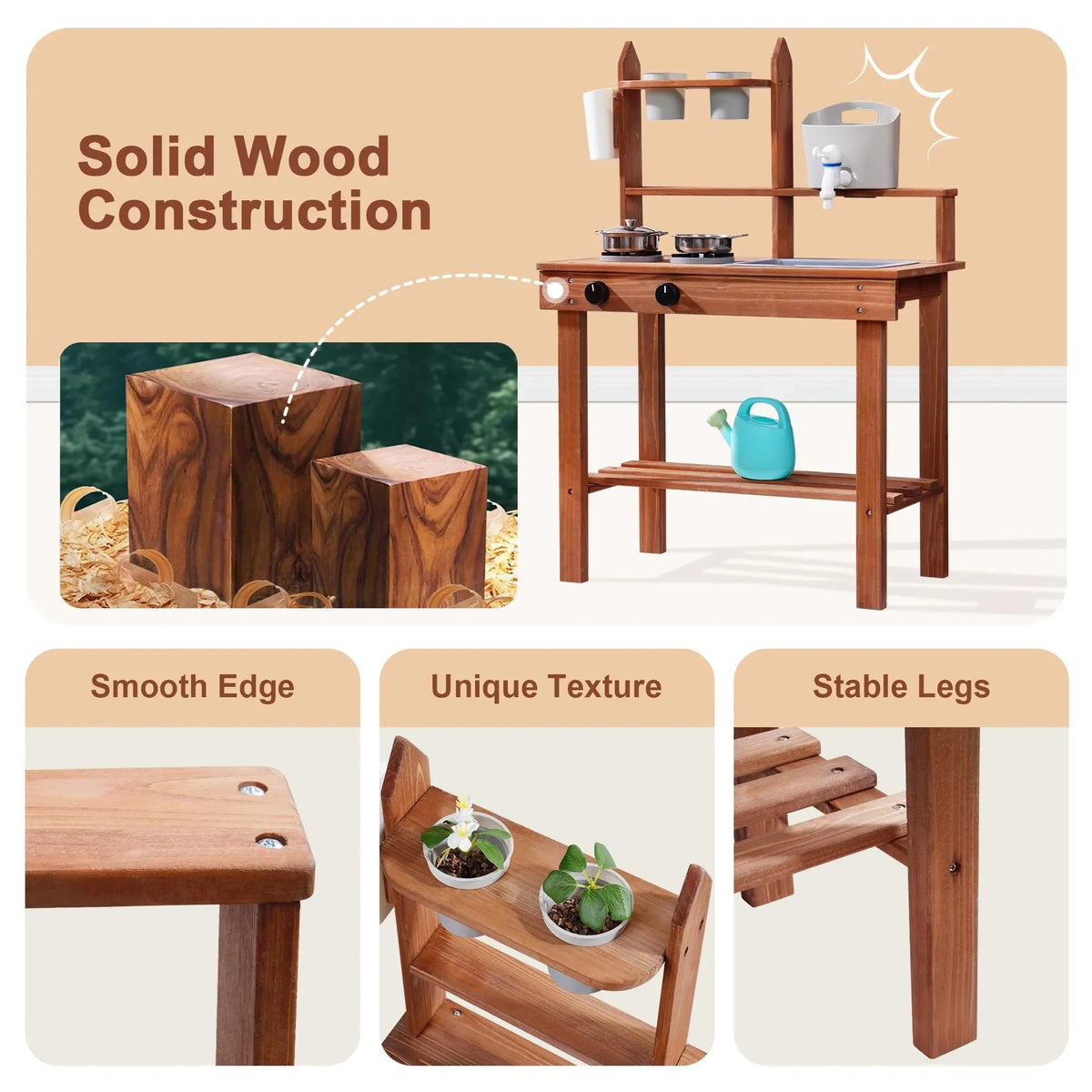 Robud Wooden Outdoor Mud Kitchen with Sink Stoves Gardening Tools Realistic Backyard Fun Unique Birthday Gift for Ages 3+