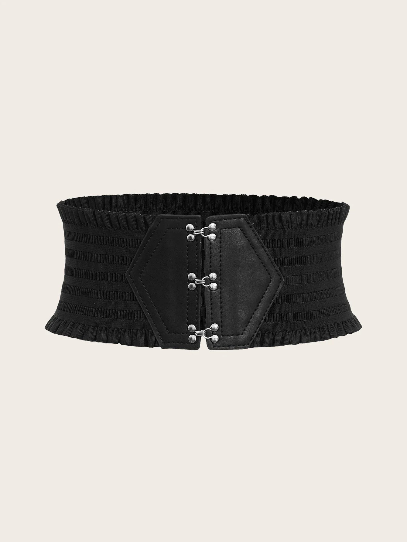 Vibrant Triple Buckle Elastic Waistband Ruffles Wide Belt With Adjustable Strap