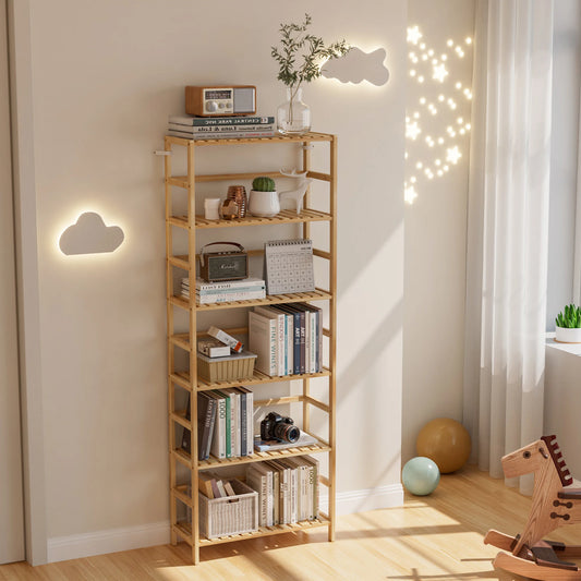 6 Tiers Bamboo Bookshelf Flower Rack with Adjustable DIY Shelves Free Standing Natural Wood Color Display Shelf for Living Room