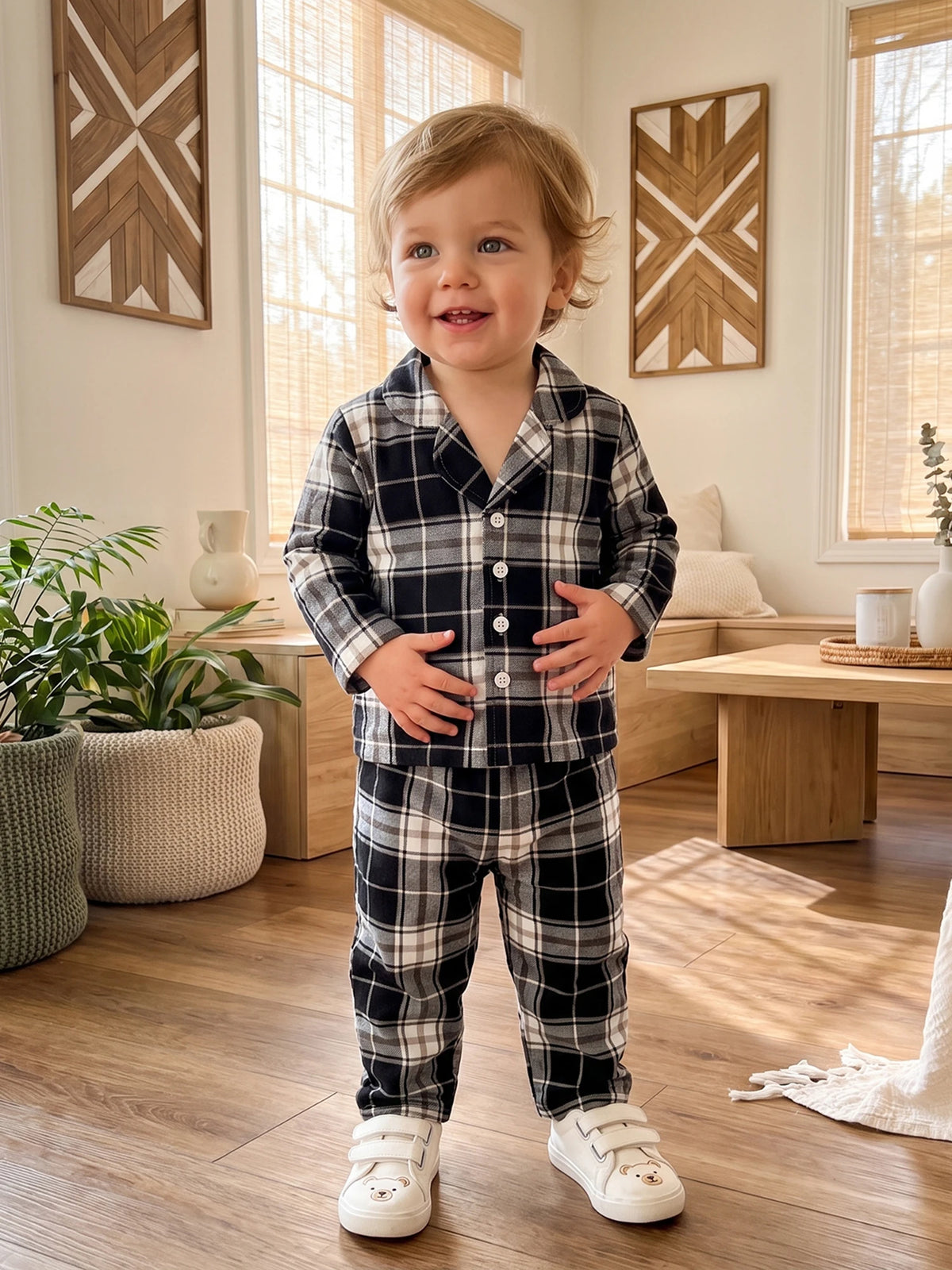 Piece Tops Long Sleeve Button Outfit Plaid Pajamas Pants 2 2 Piece Outfit Compact Kids Plaid Pajamas