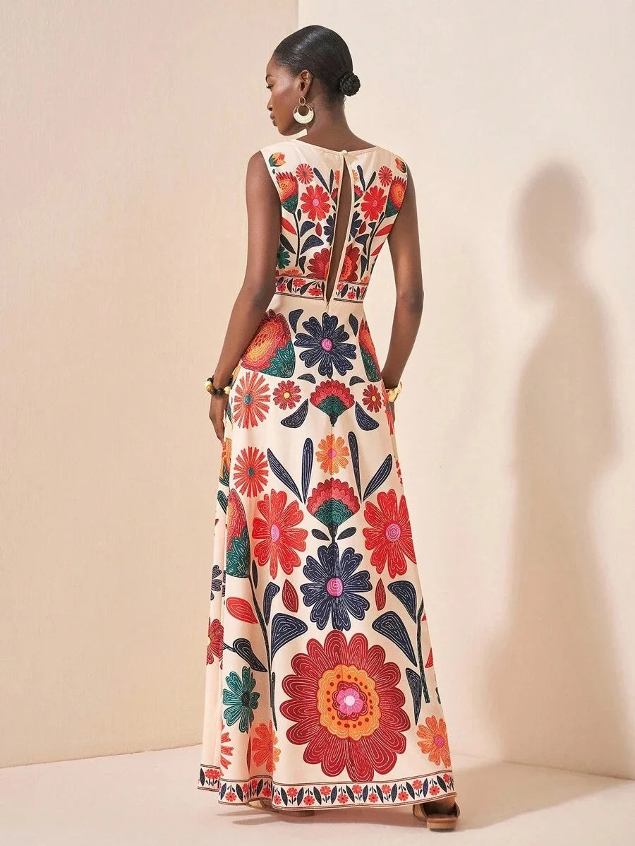Women Floral Embroidery Sleeveless Maxi Dress Summer Wedding Guest Wear