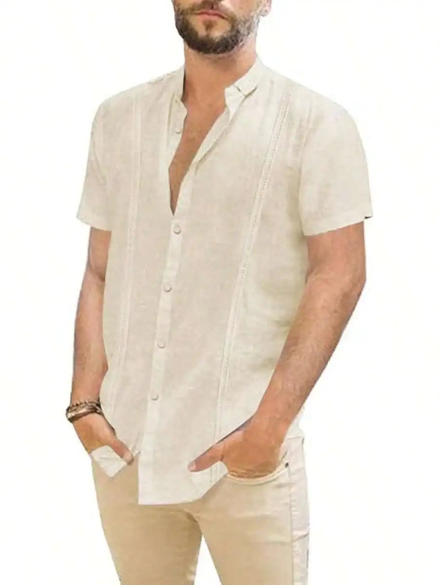 Mens Casual Linen Button Down Short Sleeve Shirt Beach Summer Spread Collar
