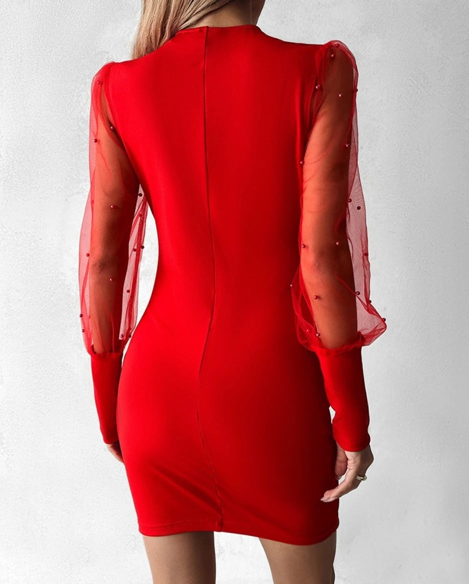 Ladies Fashion V-Neck Long Sleeve Mesh Dress Pure Color Pleated Waist Cinched Asymmetrical Hemline Elegant Gown